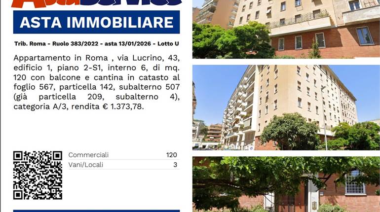 Trib. Roma - Ruolo 383/2022 - asta 13/01/2026 - Lotto U