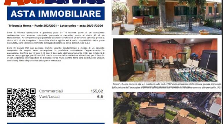 Tribunale Roma - Ruolo 252/2021 - Lotto unico - asta 20/01/2026