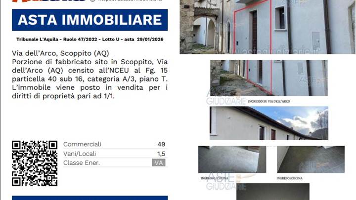 Tribunale L'Aquila - Ruolo 47/2022 - Lotto U - asta  29/01/2026