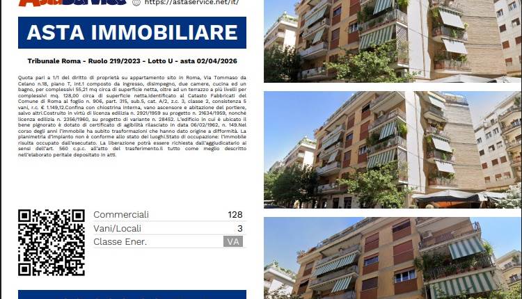 Tribunale Roma - Ruolo 219/2023 - Lotto U - asta 02/04/2026