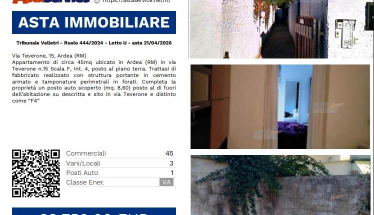 Tribunale Velletri - Ruolo 444/2024 - Lotto U - asta 21/04/2026