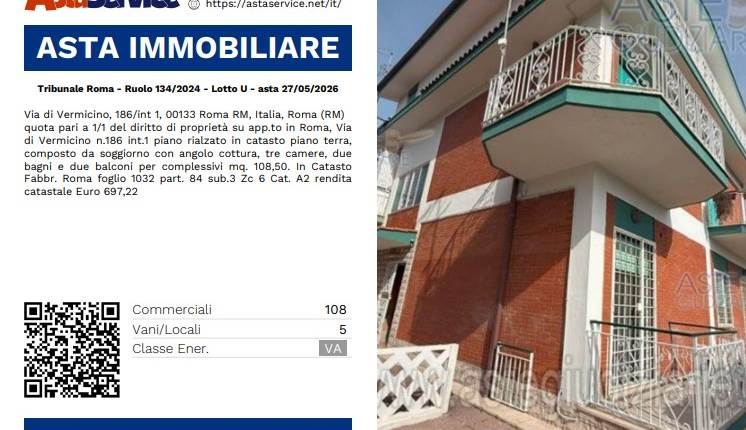 Tribunale Roma - Ruolo 134/2024 - Lotto U - asta 27/05/2026