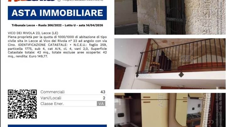 Tribunale Lecce - Ruolo 306/2022 - Lotto U - asta 14/04/2026