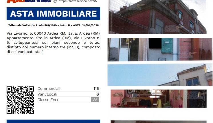 Tribunale Velletri - Ruolo 561/2010 - Lotto U - ASTA  24/04/2026