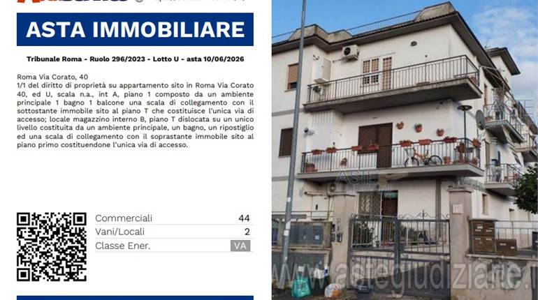 Tribunale Roma - Ruolo 296/2023 - Lotto U - asta 10/06/2026