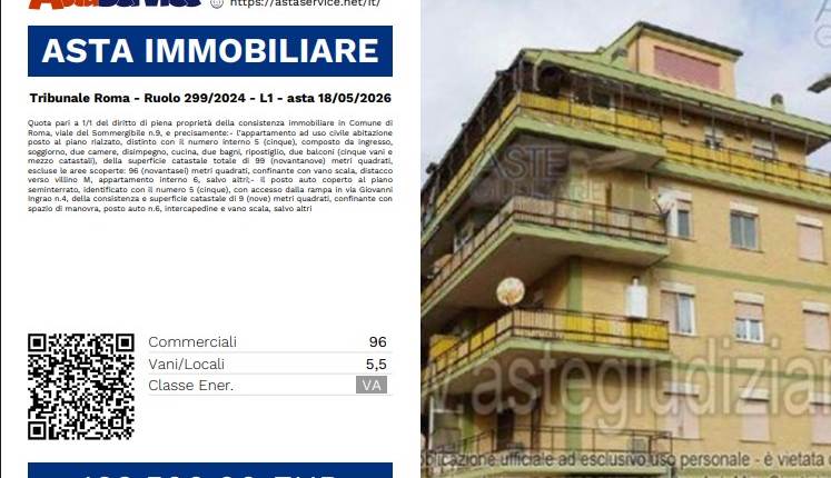 Tribunale Roma - Ruolo 299/2024 - Lotto U - asta 18/05/2026