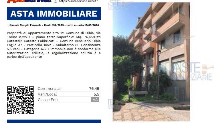 ribunale Tempio Pausania - Ruolo 134/2023 - Lotto u - asta 13/05/2026