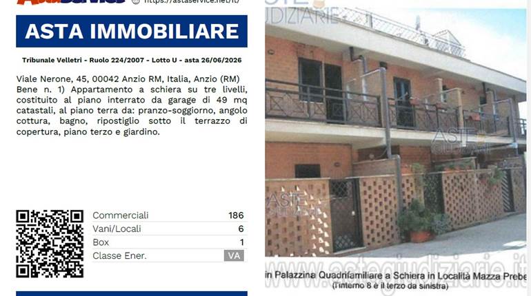 Tribunale Velletri - Ruolo 224/2007 - Lotto U - asta 26/06/2026