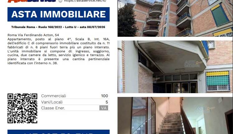 Tribunale Roma - Ruolo 168/2022 - Lotto U - asta 08/07/2026 