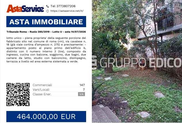 Tribunale Roma - Ruolo 285/2019 - Lotto U - asta 14/07/2026