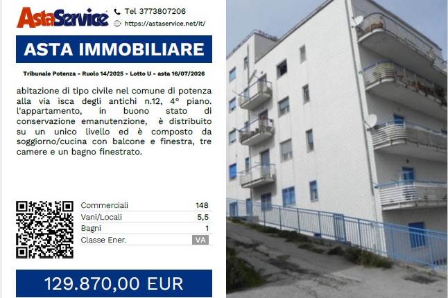 Tribunale Potenza - Ruolo 14/2025 - Lotto U - asta 16/07/2026