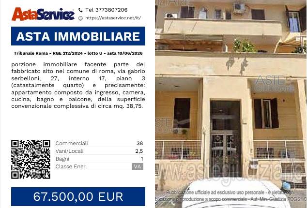 Tribunale Roma - RGE 212/2024 - lotto U - asta 10/06/2026