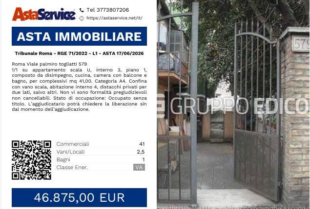 Tribunale Roma - RGE 71/2022 - L1 - ASTA 17/06/2026