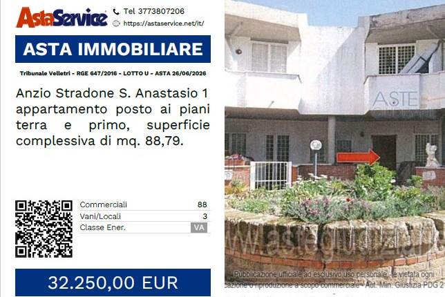 Tribunale Velletri - RGE 647/2016 - LOTTO U - ASTA 26/06/2026