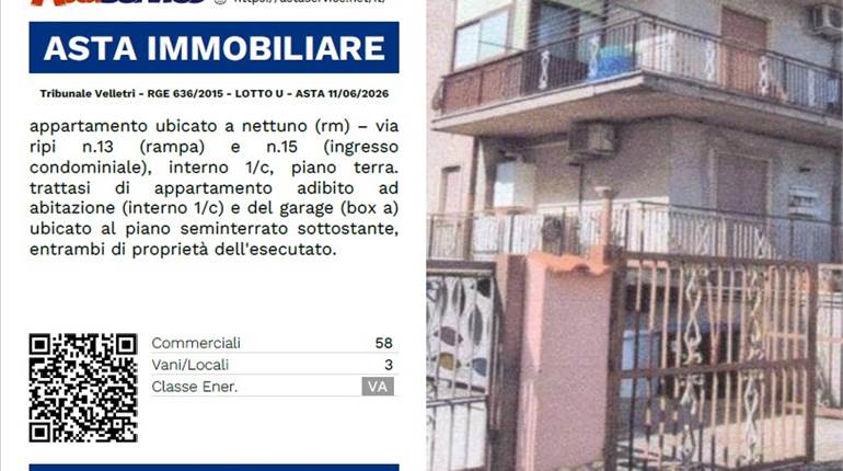 Tribunale Velletri - RGE 636/2015 - LOTTO U - ASTA 11/06/2026
