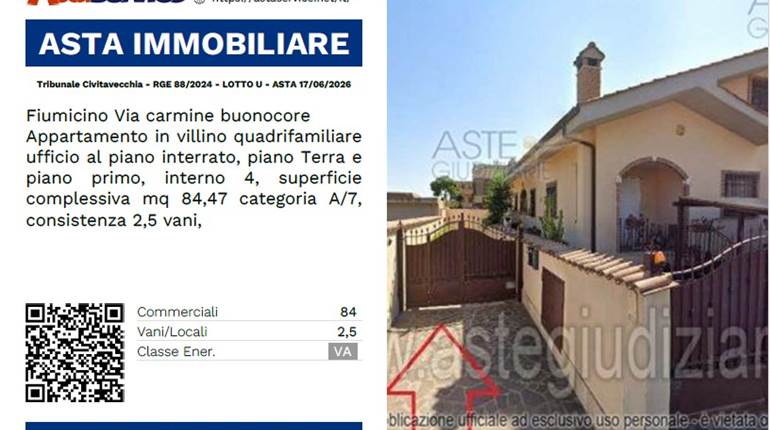 Tribunale Civitavecchia - RGE 88/2024 - LOTTO U - ASTA 17/06/2026