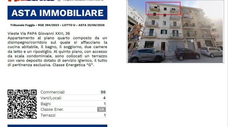 Tribunale Foggia - RGE 394/2023 - LOTTO U - ASTA 25/06/2026
