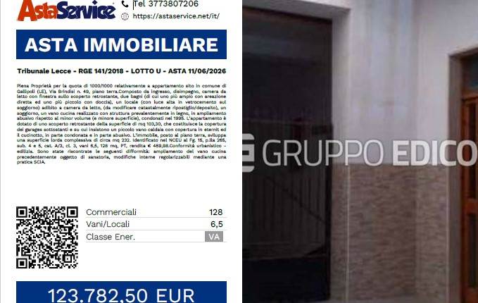Tribunale Lecce - RGE 141/2018 - LOTTO U - ASTA 11/06/2026