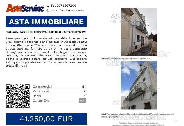 Tribunale Bari - RGE 489/2024 - LOTTO U - ASTA 15/07/2026