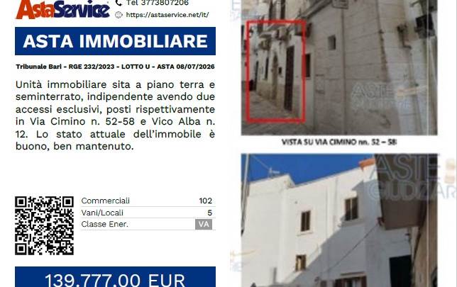Tribunale Bari - RGE 232/2023 - LOTTO U - ASTA 08/07/2026