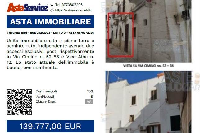 Tribunale Bari - RGE 232/2023 - LOTTO U - ASTA 08/07/2026