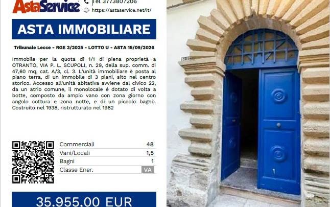 Tribunale Lecce - RGE 3/2025 - LOTTO U - ASTA 15/09/2026