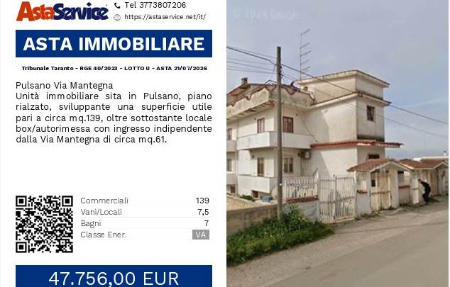 Tribunale Taranto - RGE 40/2023 - LOTTO U - ASTA 21/07/2026