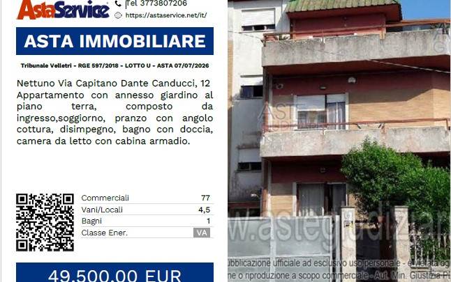 Tribunale Velletri - RGE 597/2018 - LOTTO U - ASTA 07/07/2026