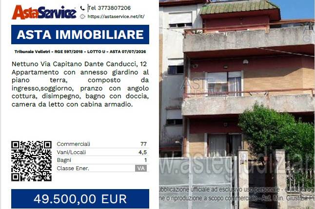 Tribunale Velletri - RGE 597/2018 - LOTTO U - ASTA 07/07/2026