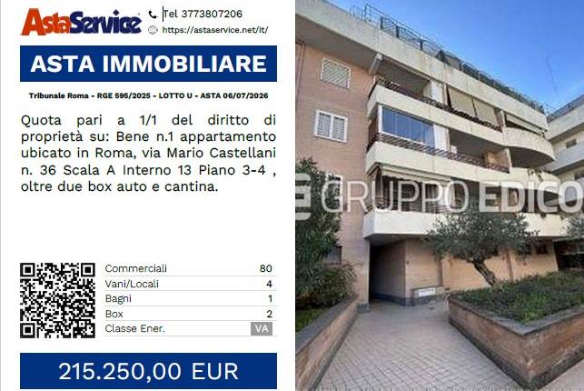 Tribunale Roma - RGE 595/2025 - LOTTO U - ASTA 06/07/2026