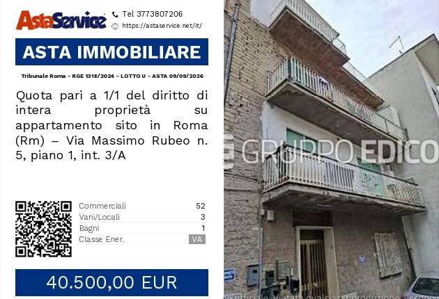 Tribunale Roma - RGE 1318/2024 - LOTTO U - ASTA 09/09/2026