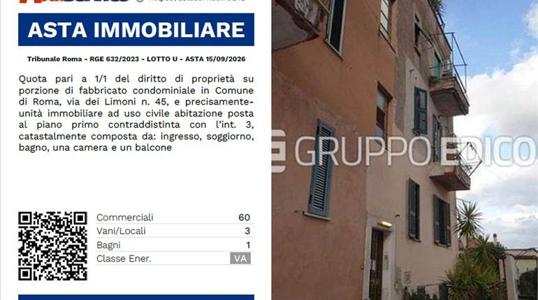 Tribunale Roma - RGE 632/2023 - LOTTO U - ASTA 15/09/2026