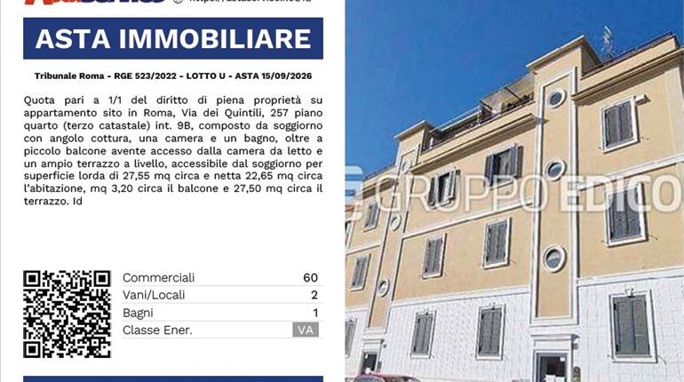 Tribunale Roma - RGE 523/2022 - LOTTO U - ASTA 15/09/2026