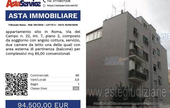 Tribunale Roma - RGE 481/2025 - LOTTO U - ASTA 30/06/2026