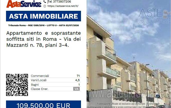 Tribunale Roma - RGE 1389/2016 - LOTTO U - ASTA 02/07/2026