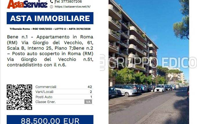 Tribunale Roma - RGE 1365/2022 - LOTTO U - ASTA 21/10/2026