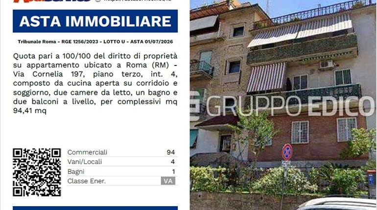 Tribunale Roma - RGE 1256/2023 - LOTTO U - ASTA 01/07/2026