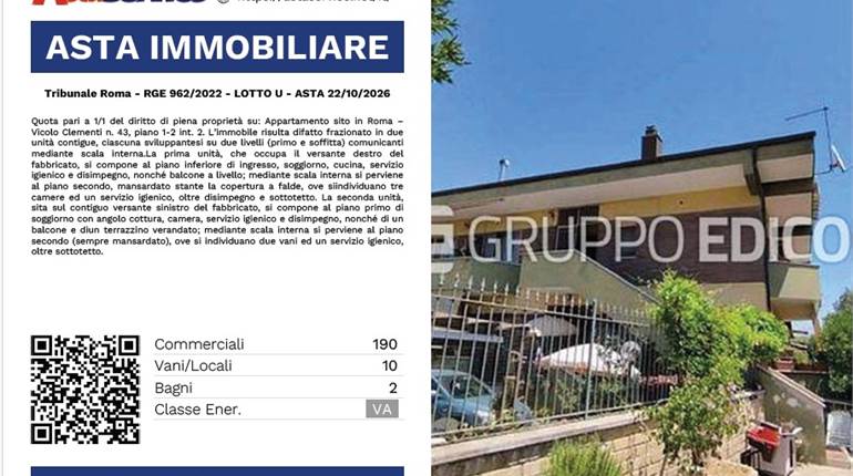 Tribunale Roma - RGE 962/2022 - LOTTO U - ASTA 22/10/2026