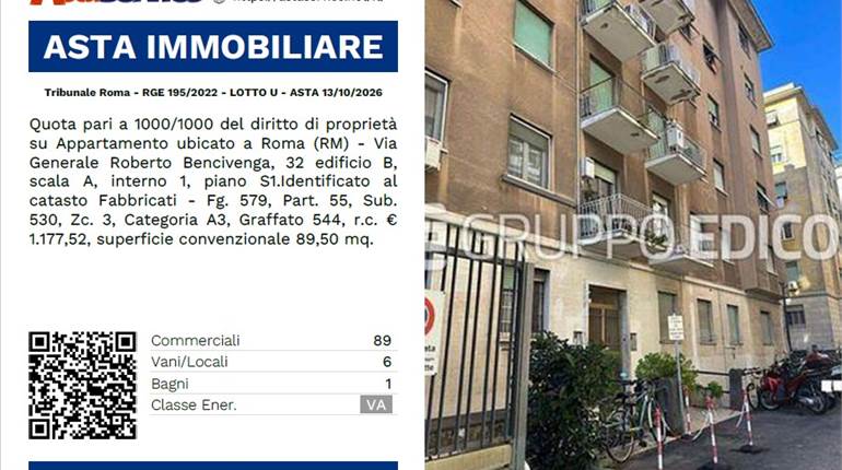Tribunale Roma - RGE 195/2022 - LOTTO U - ASTA 13/10/2026