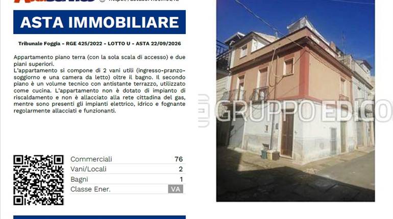 Tribunale Foggia - RGE 425/2022 - LOTTO U - ASTA 22/09/2026