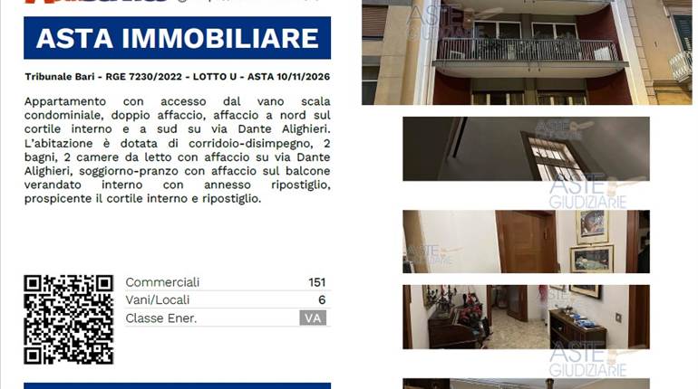Tribunale Bari - RGE 7230/2022 - LOTTO U - ASTA 10/11/2026