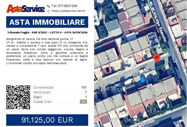 Tribunale Foggia - RGE 5/2021 - LOTTO U - ASTA 16/09/2026