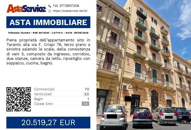 Tribunale Taranto - RGE 80/2024 - LOTTO U - ASTA  29/09/2026 
