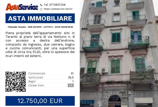 Tribunale Taranto - RGE 40/2010 - LOTTO U - ASTA 16/09/2026