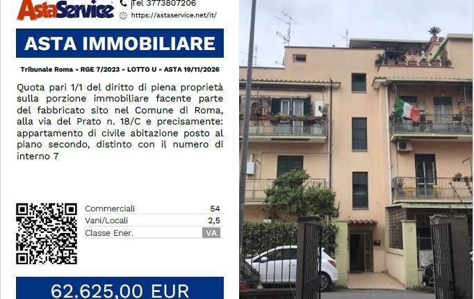 Tribunale Roma - RGE 7/2023 - LOTTO U - ASTA 19/11/2026