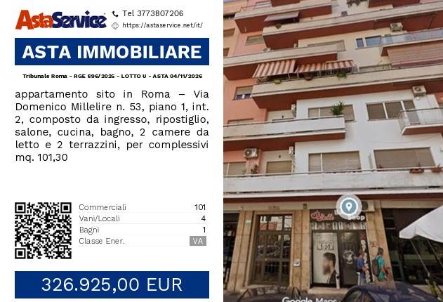 Tribunale Roma - RGE 896/2025 - LOTTO U - ASTA 04/11/2026
