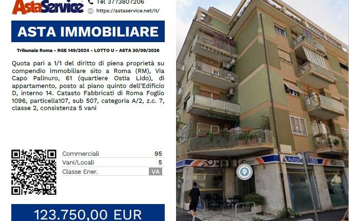Tribunale Roma - RGE 149/2024 - LOTTO U - ASTA 30/09/2026