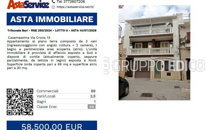 Tribunale Bari - RGE 250/2024 - LOTTO U - ASTA 14/07/2026