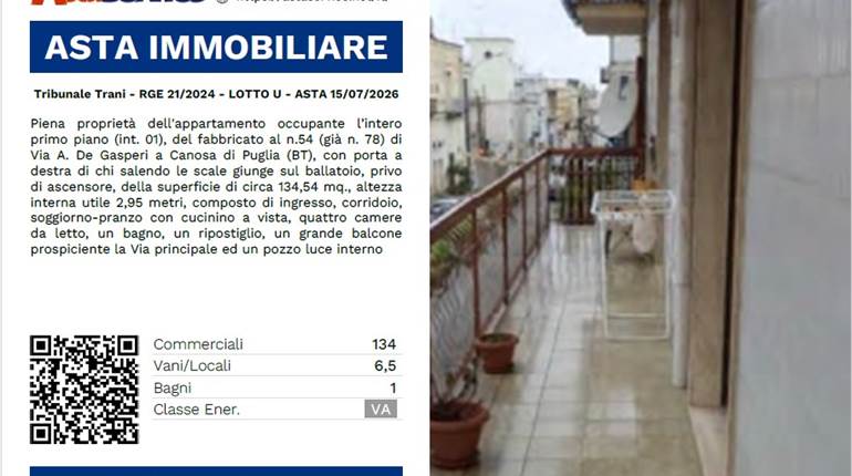 Tribunale Trani - RGE 21/2024 - LOTTO U - ASTA 15/07/2026
