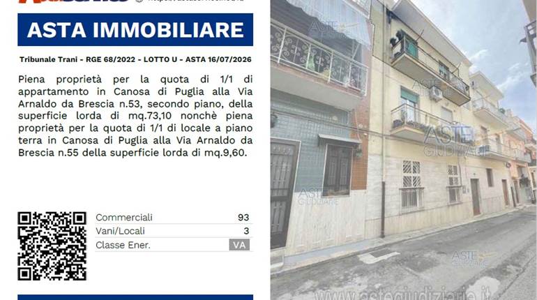Tribunale Trani - RGE 68/2022 - LOTTO U - ASTA 16/07/2026